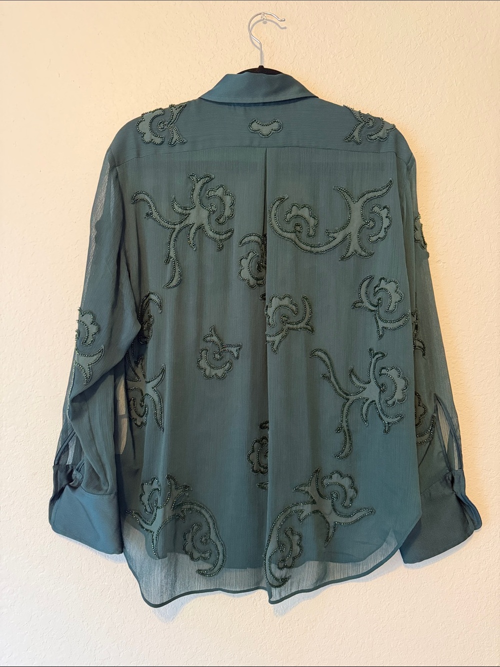 Zara Emerald Green Sheer Beaded Button-Down Shirt - Picture 5 of 5